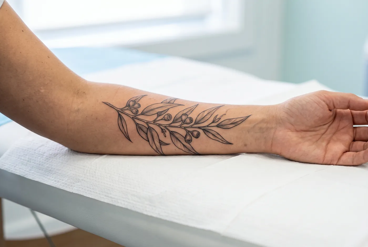 Ilustración: tatuaje de una rama de eucalipto en tinta negra sobre el antebrazo, antes de tratarlo