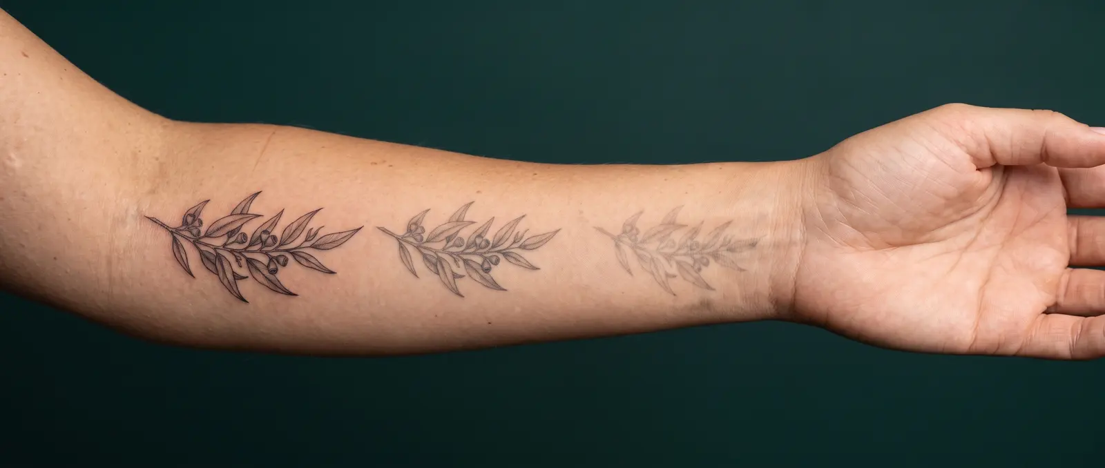 Ilustración: un antebrazo con la misma rama tatuada tres veces, cada una más clara que la anterior; la última apenas se ve, pero no ha desaparecido